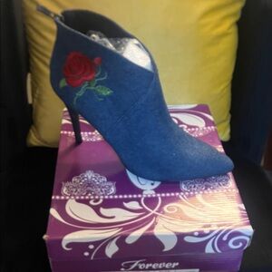 Forever 21 Blue Heeled Boots with Red Rose Embroidery